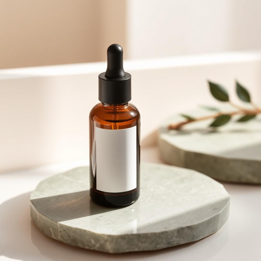 Balancing Niacinamide Serum bottle photographed on warm ivory plaster